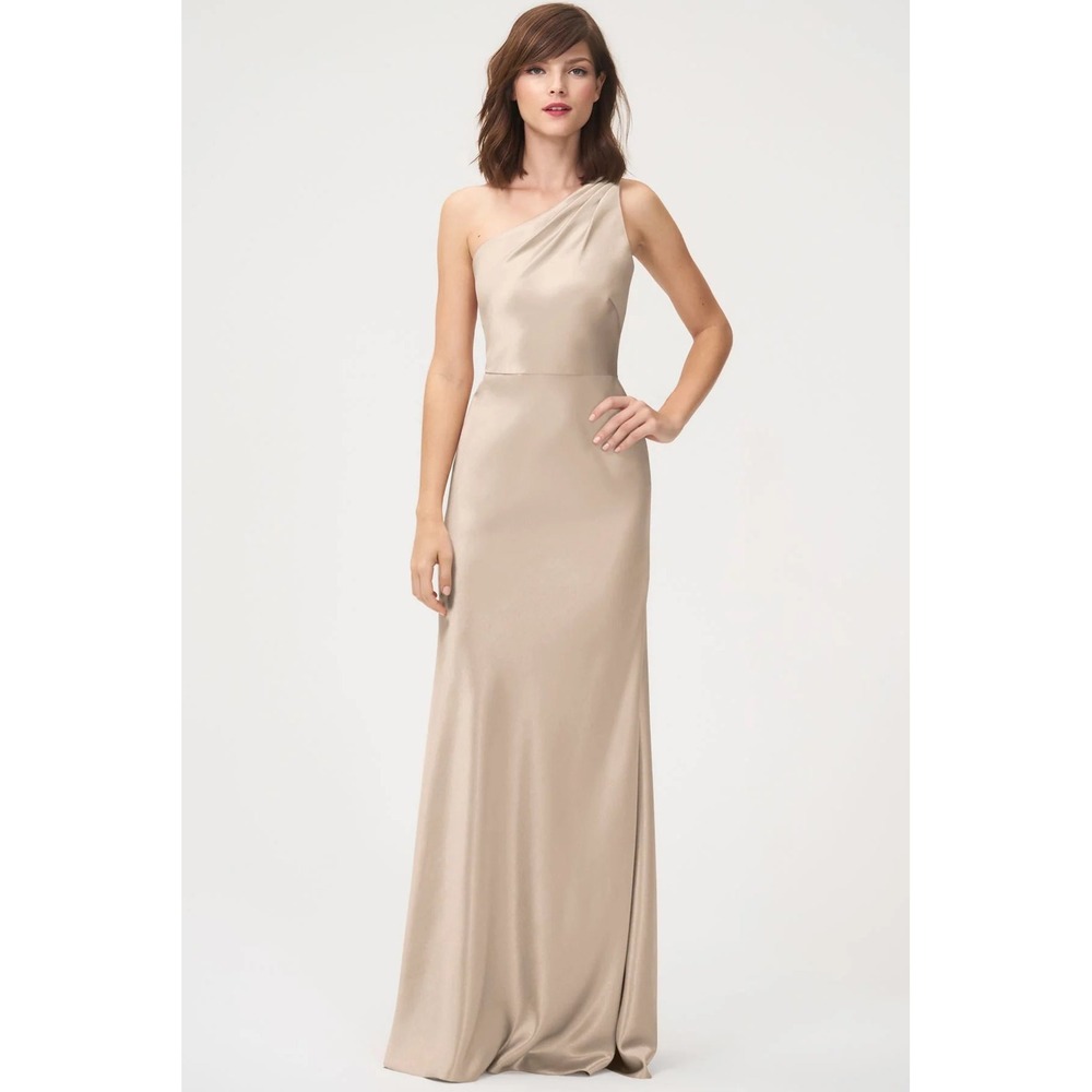 Jenny Yoo Collection Lena One Shoulder Satin Maxi Gown Pale Gold Women Size 6